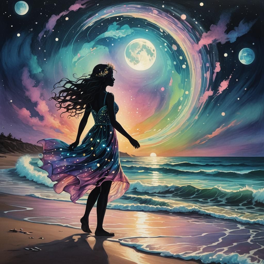 A Surreal Cosmic Portrait of a silhouette of a fairy  walkin...