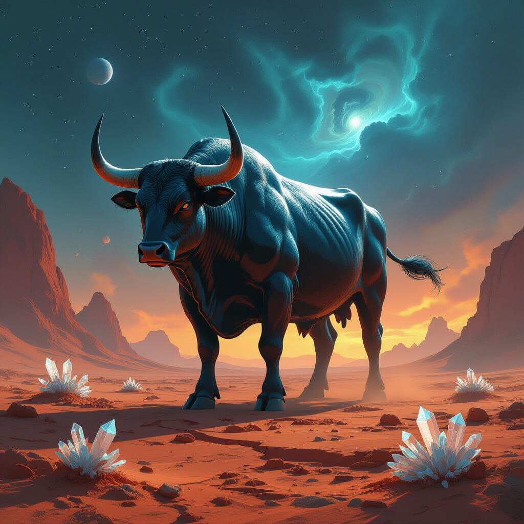 Bio-luminescent Bull on Alien Planet in Concept Art Style