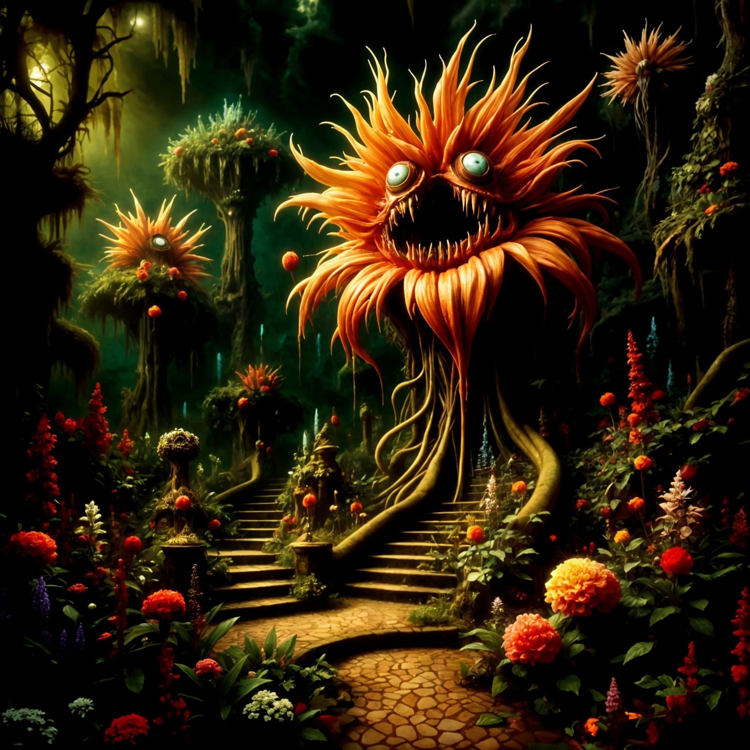 <lora:EnigmaticGarden5-Fb:1.0> A garden where the flowers have teeth and eyes, their petals dripping with a viscous, lum...