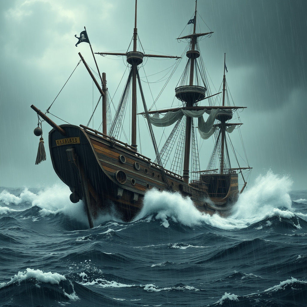 Pirate Galleon in Stormy Seas: Hyperrealistic Rendering