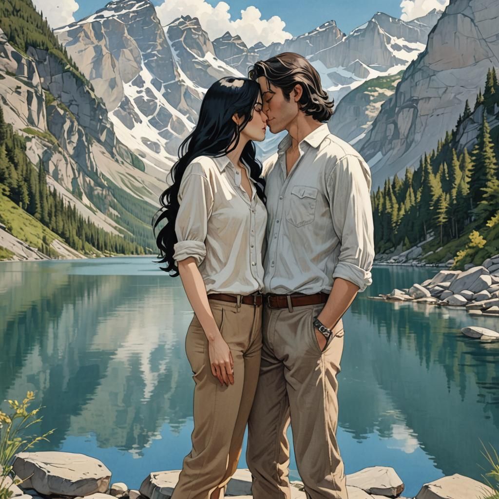 Romantic Couple Embrace at Lake Moraine in Animated Style