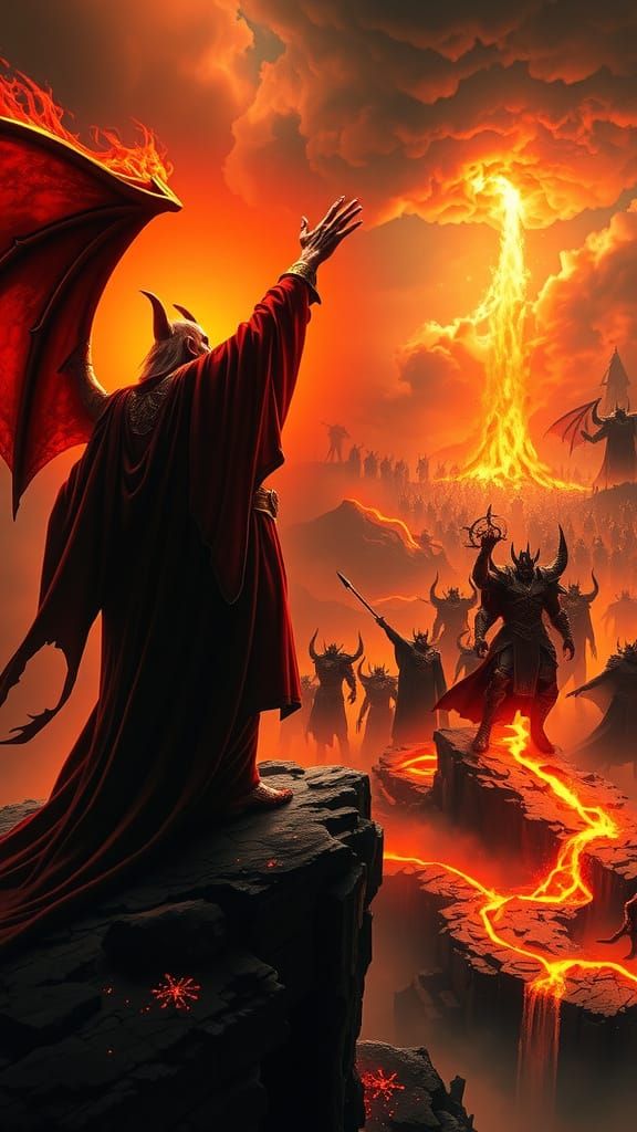 Satan Leads Demonic Horde in Volcanic Landscape