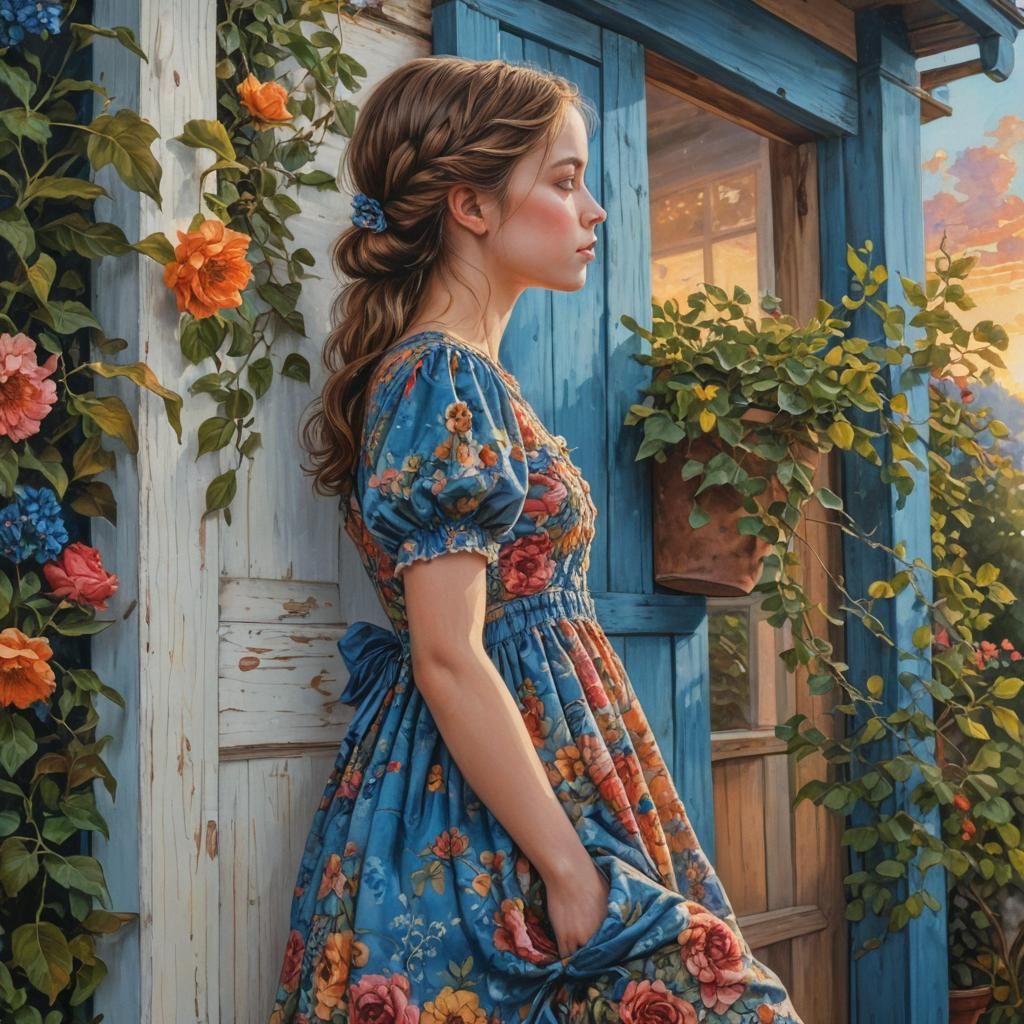 Girl Peeking Around Cottage in Alcohol Ink Illustration