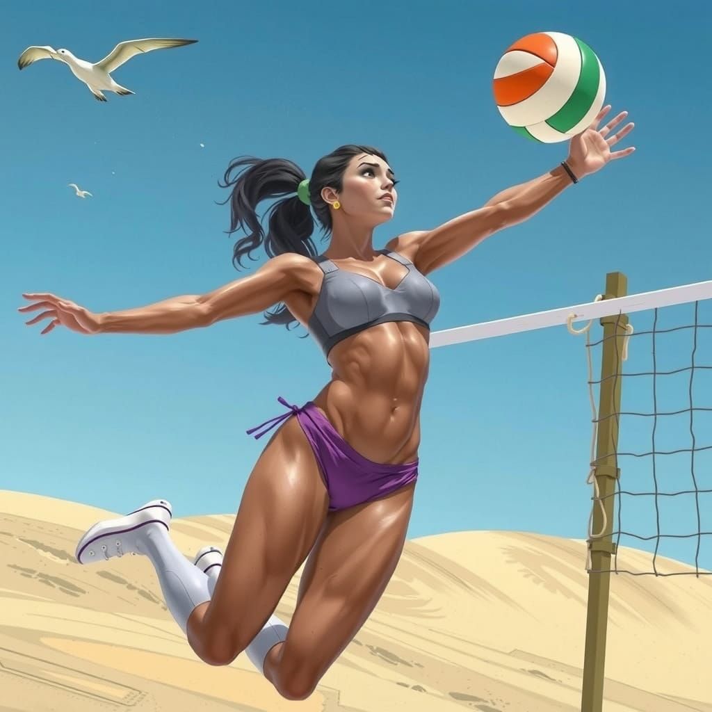 Athletic Woman Leaps into Air in Vibrant Beach Volleyball Sc...