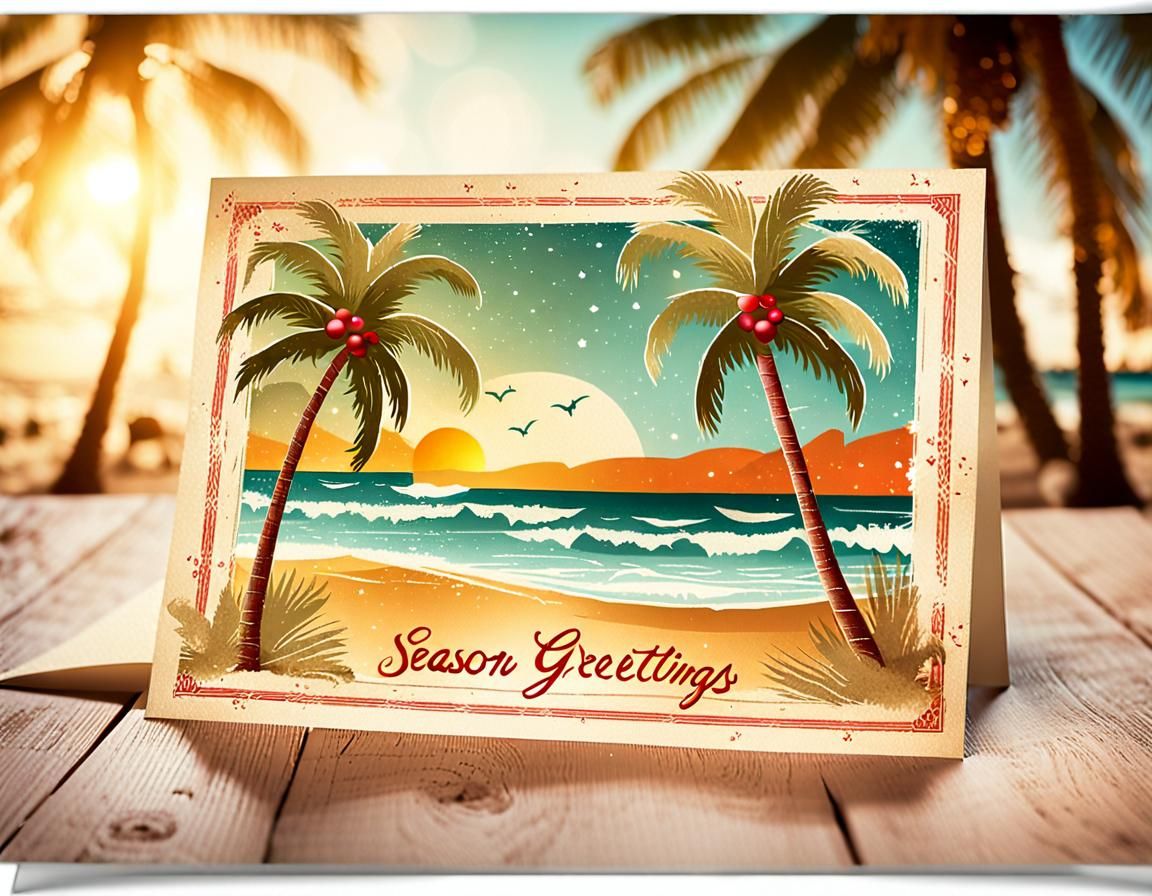 Vintage Beach Holiday Season's Greetings Postcard