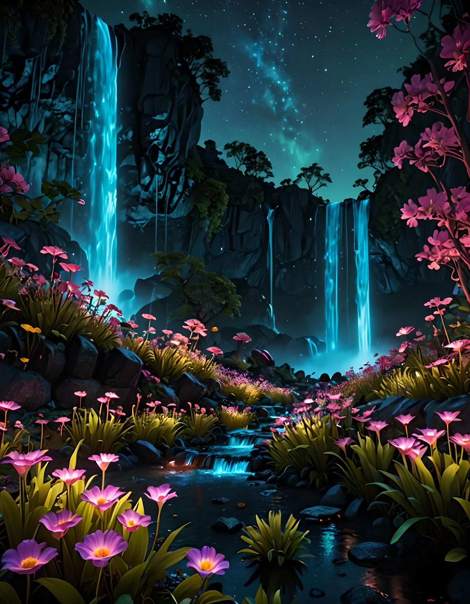 Intricately detailed, maximalist, bioluminescent flower fields next to glowing waterfalls, nightscape, dreamscape. Hyper...