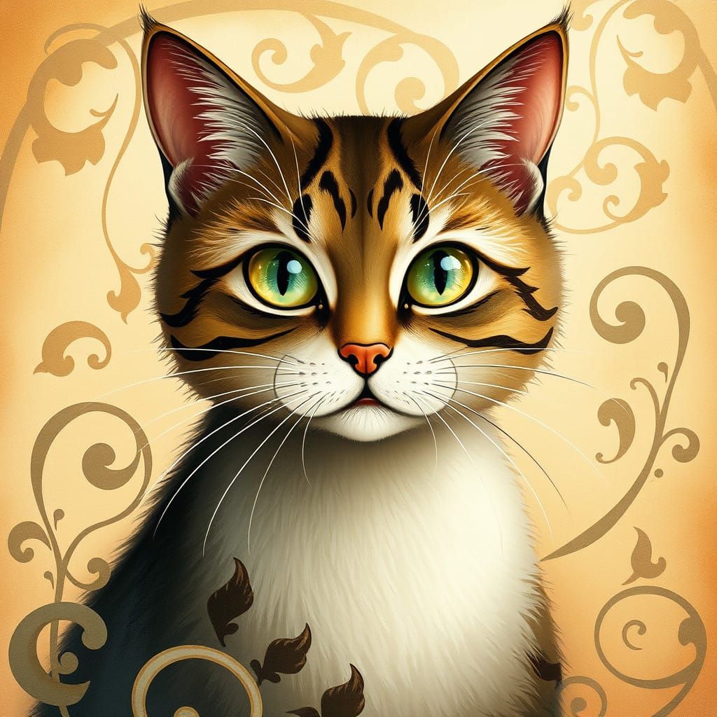 Whimsical Cat Portrait in Art Nouveau Style