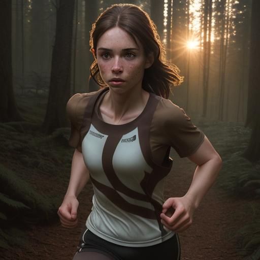 Woman Trail Running in Woods at Sunrise, Hyperrealistic