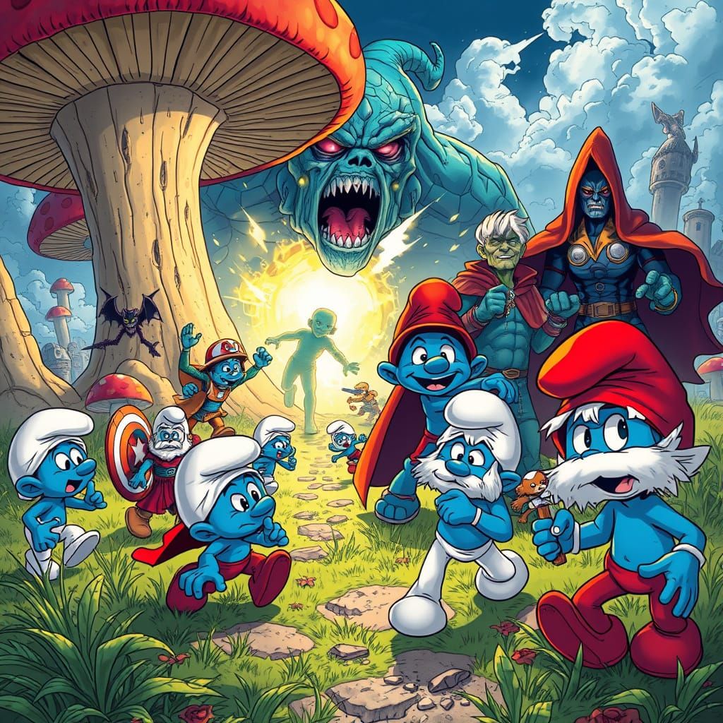 Smurfs being chased by Sandman + Avengers Doomsday + Marvel ...