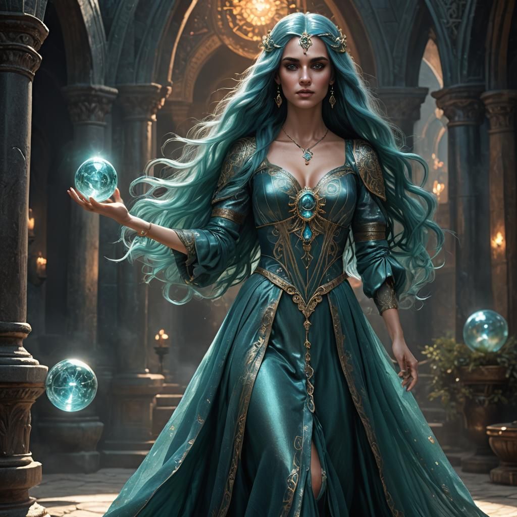 Teal-Haired Woman with Magic Orb, Dark Fantasy Art