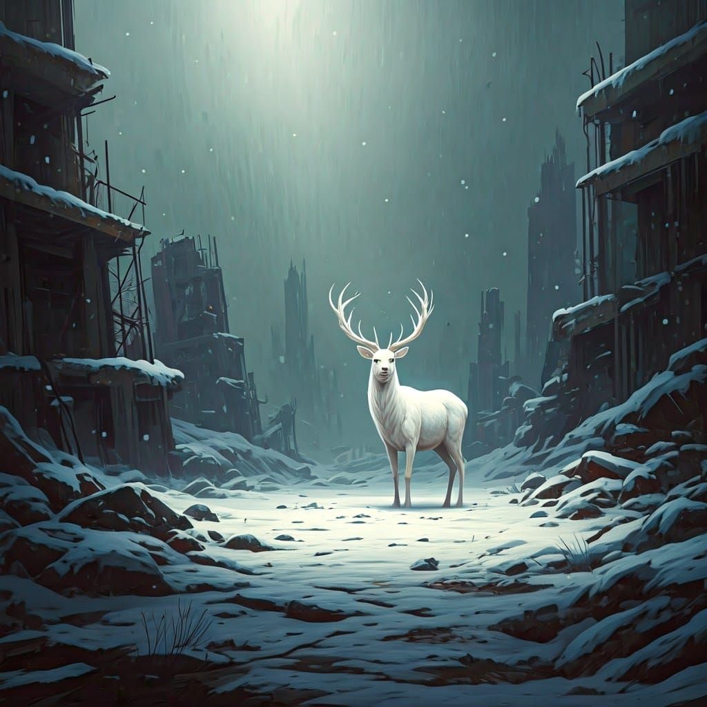 Majestic White Stag Amidst Post-Apocalyptic Ruins