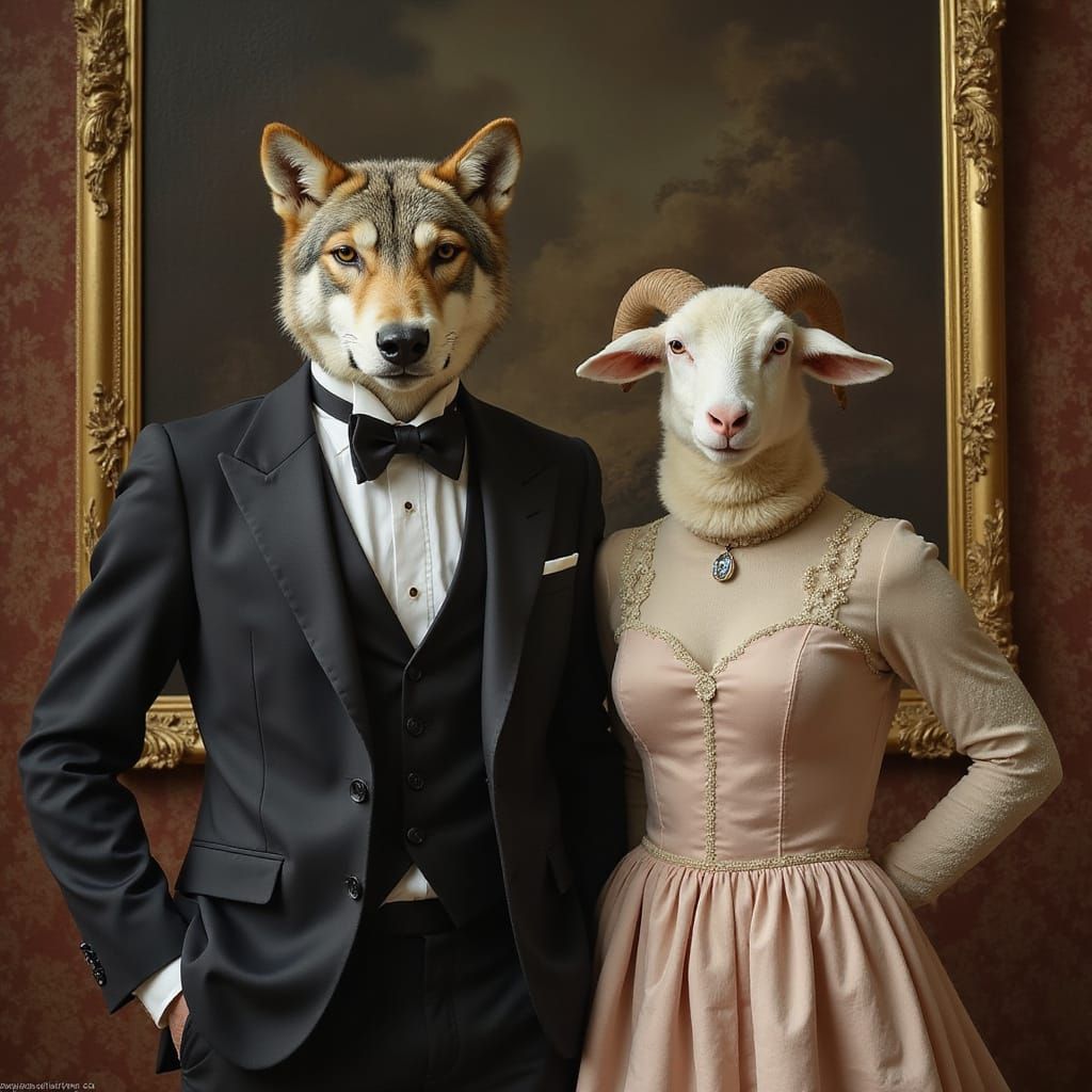 Wolf in Suit and Sheep in Dress Formal Portrait