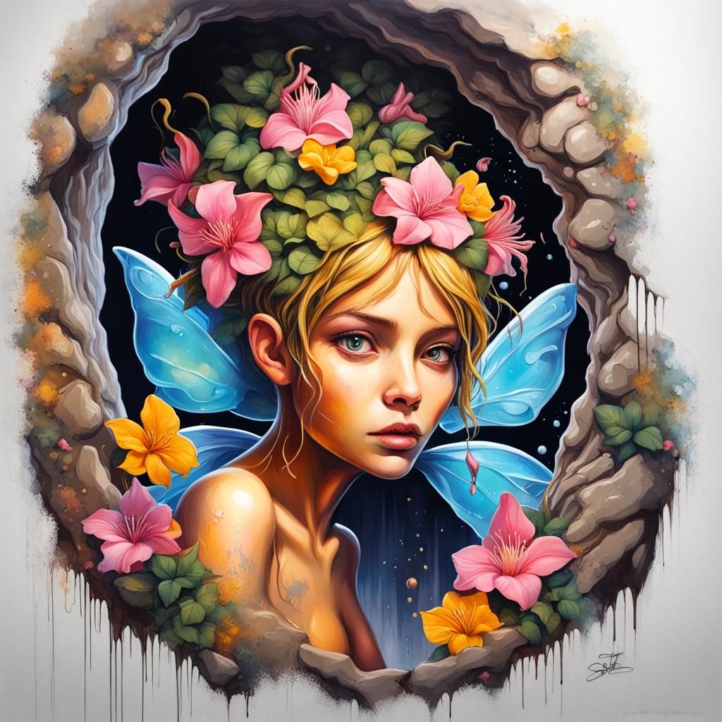 Fairy in Cave with Honeysuckle Flowers: Graffiti Art