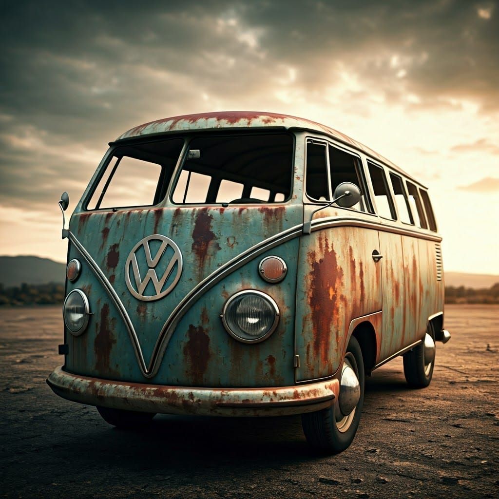 Weathered VW Bus in a Post-Apocalyptic Landscape