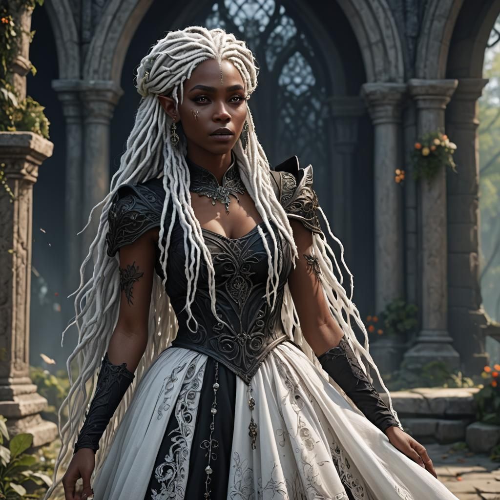 Gothic Black Elf with White Dreadlocks in Wedding Dress