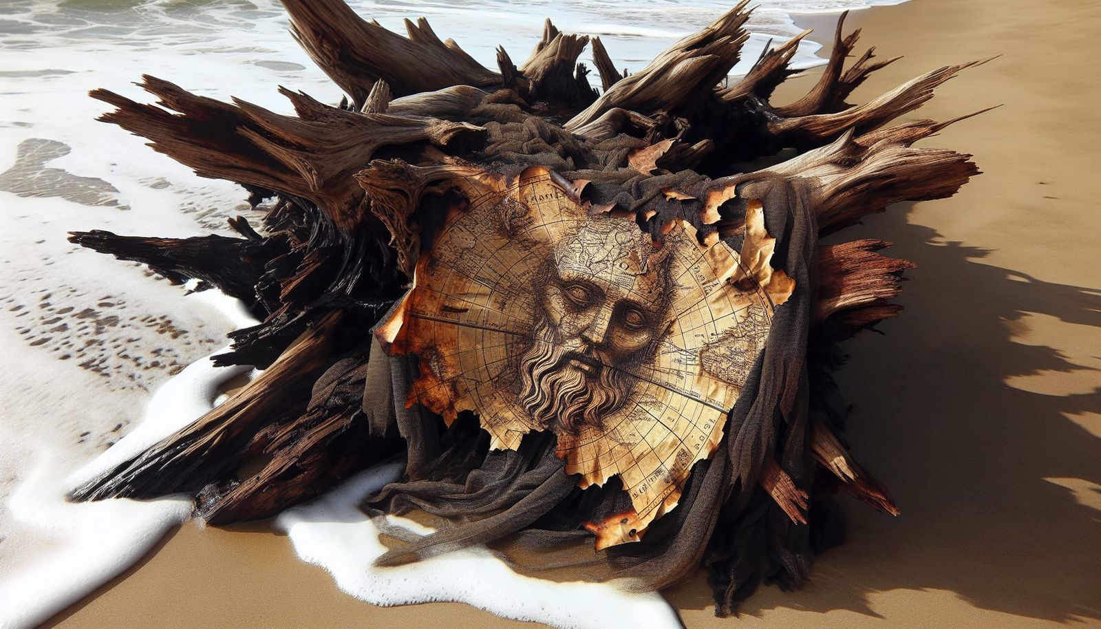 Driftwood Curling Eroded Olde-World Map, Charred and Rusty