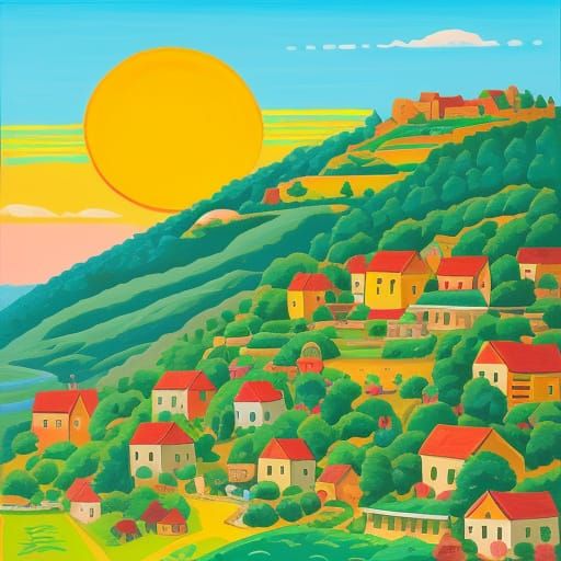 Vibrant Naive Painting of a Village Under a Bright Sun