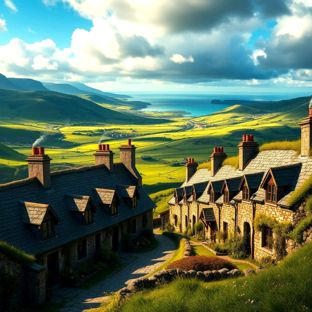 Whimsical Irish Cottage Row Amidst Dramatic Seascapes