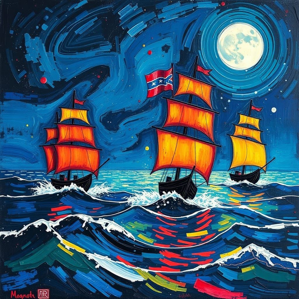 at night in the ocean sailing ships full moon, Neo-impressionism expressionist style oil painting, smooth post-impressio...