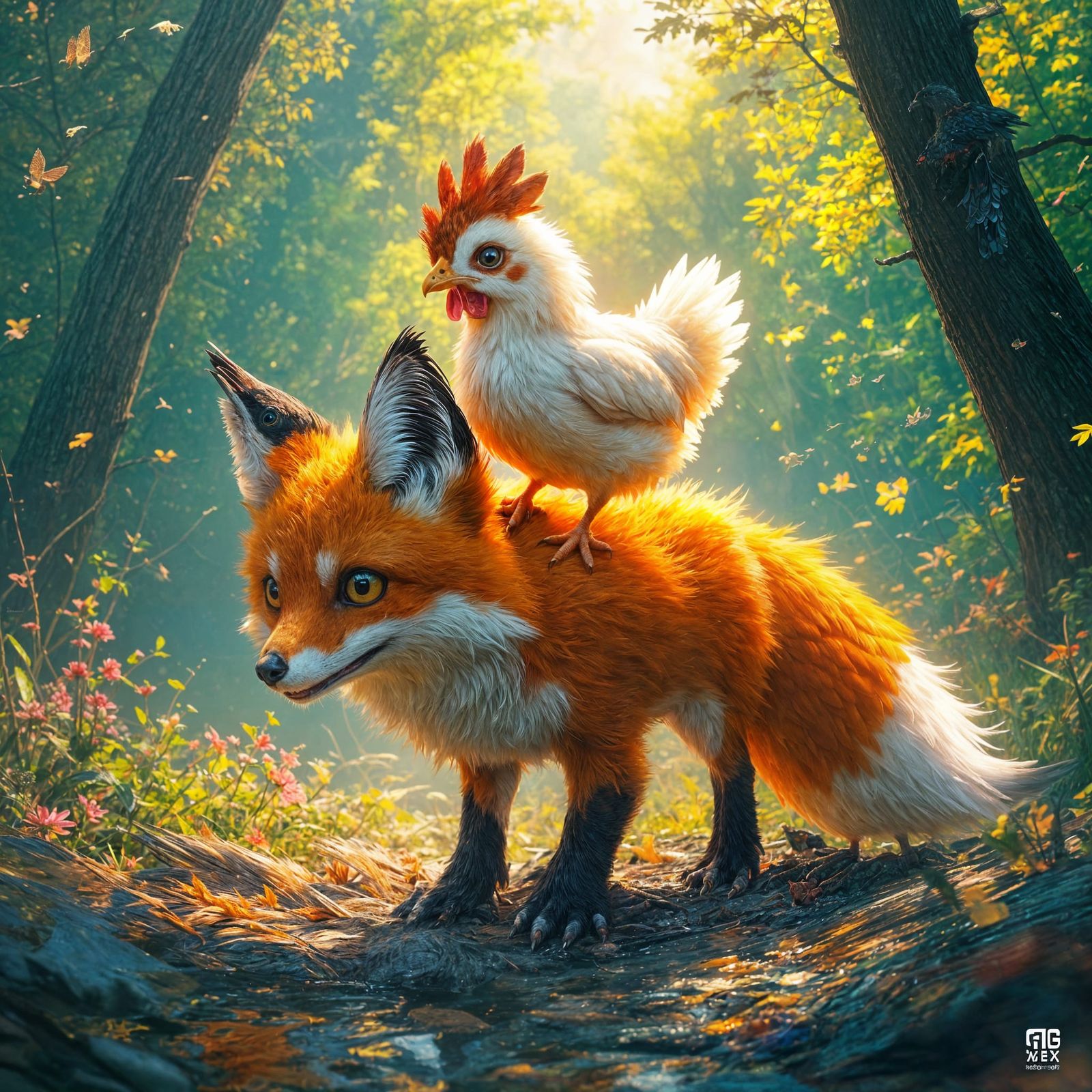 Cute Chicken Rides Epic Fox in Detailed Illustration