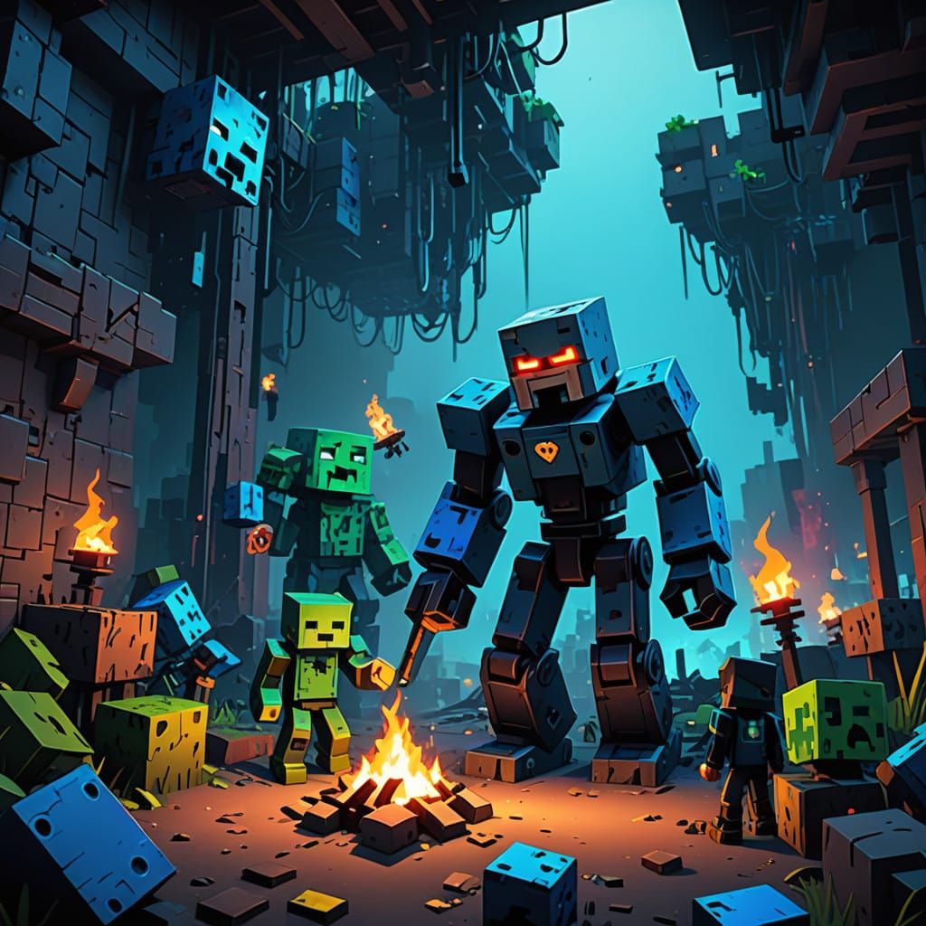 Epic Clash of Minecraft and Roblox Heroes in a Ruined Blocky...
