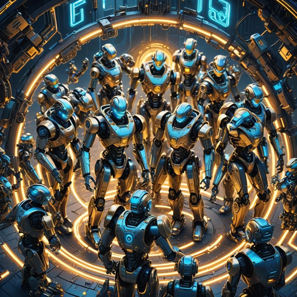 Robots Huddled in Circle in Neon Noir Style
