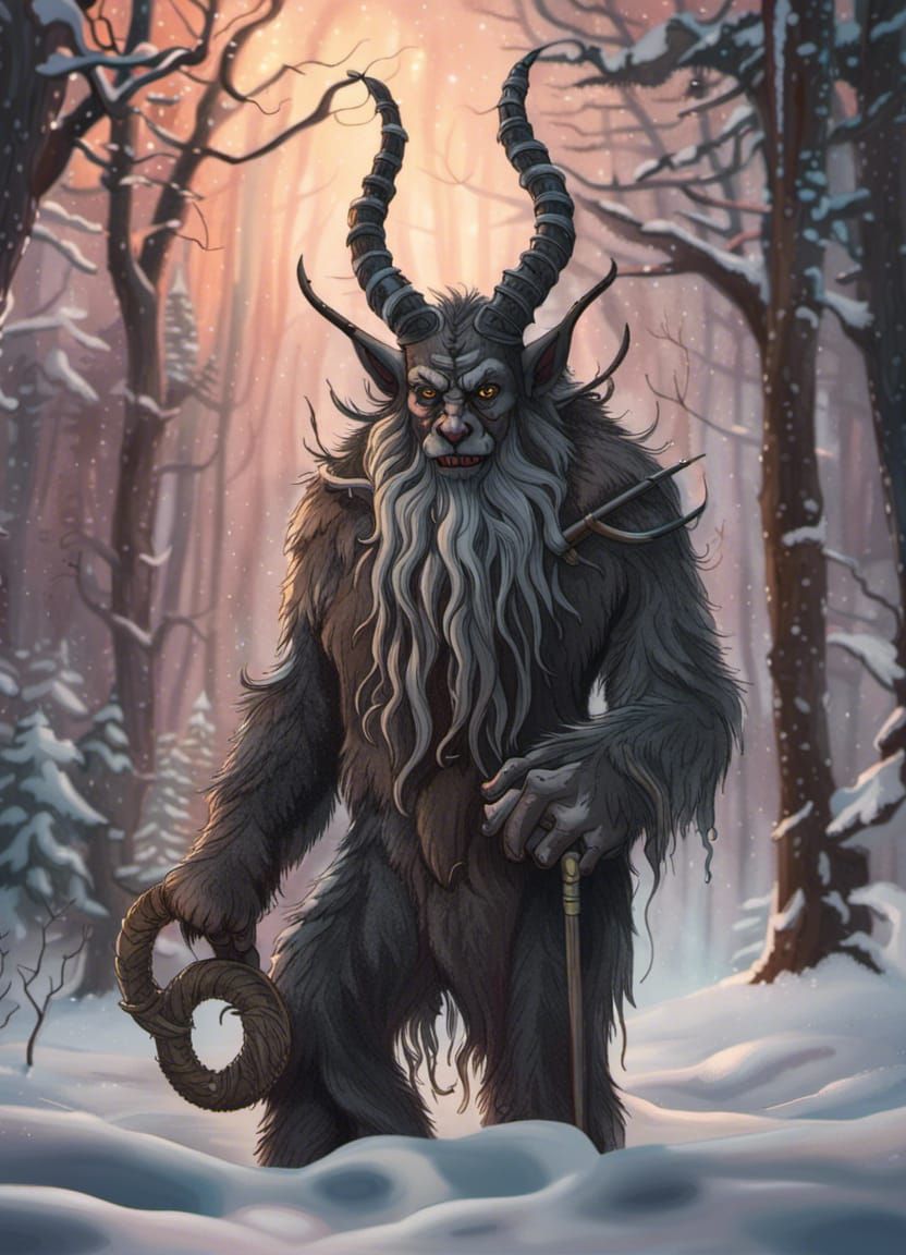 Hyperrealistic Krampus in Snowy Woodlands Concept Art