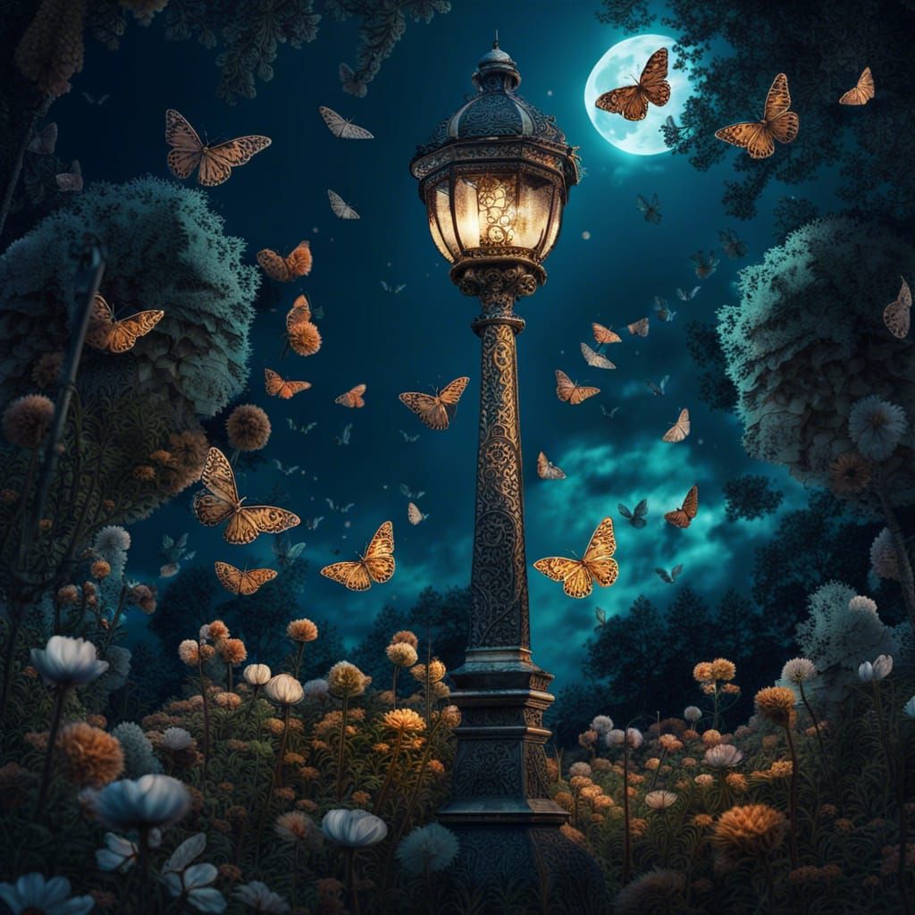 Moonlit Garden Lamppost with Moths: Detailed Digital Paintin...