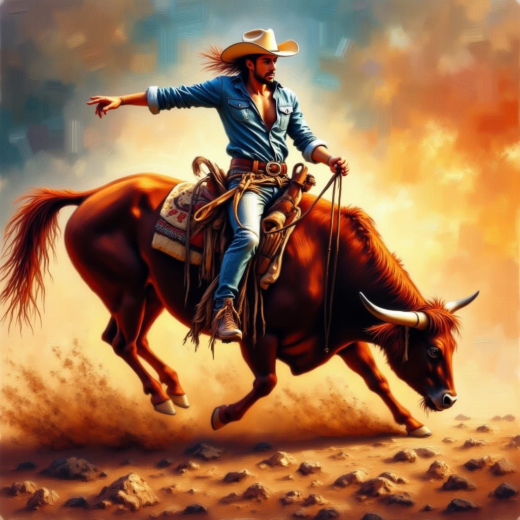 Wild West Rodeo Scene in Impressionist Style
