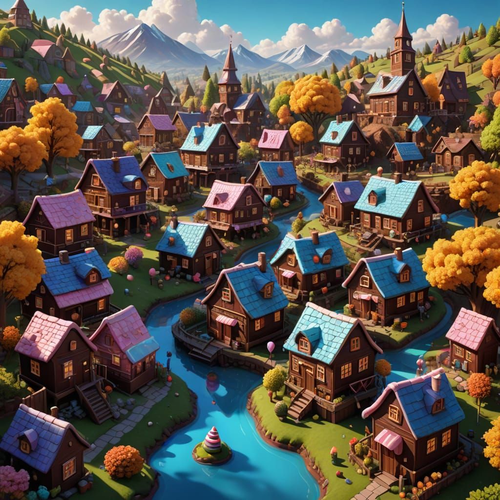 Vibrant Chocolate Village in Whimsical Candy Art Style