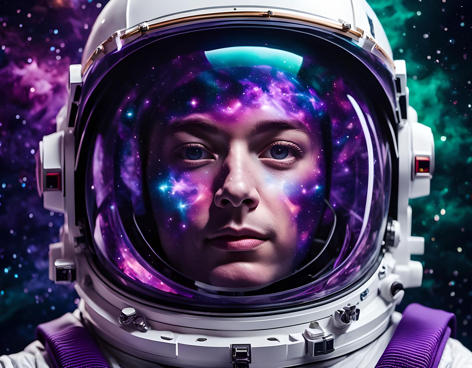 Astronaut Helmet Reflecting Purple Galaxy in Space