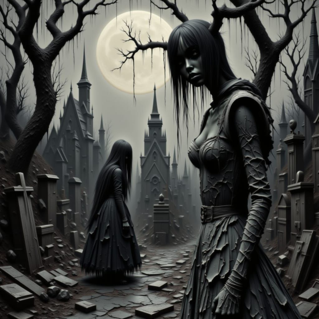 Spectral Alice in Stormy Victorian Cemetery