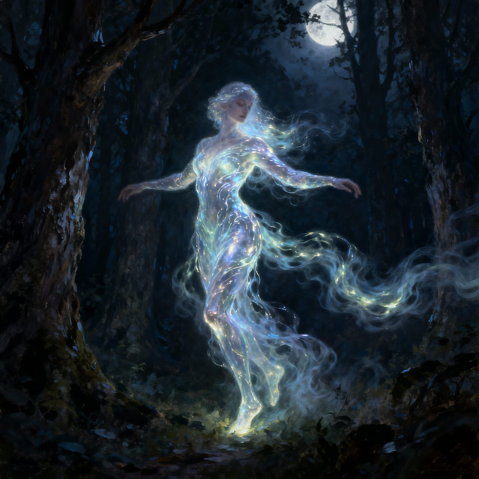 Ethereal Moonlight Forest Spirit in Dark Fantasy Style