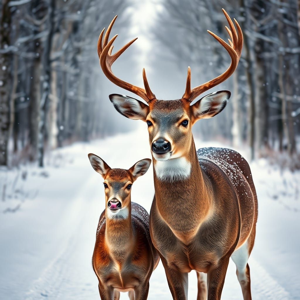 Majestic White-Tailed Deer in Snowy Woods, Cinematic Style