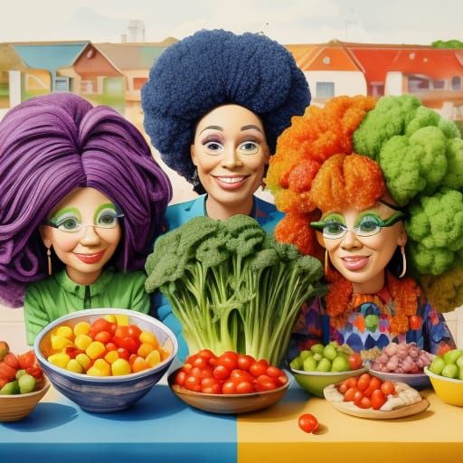 Veggies in Wigs: A Surreal Pop Art Scene