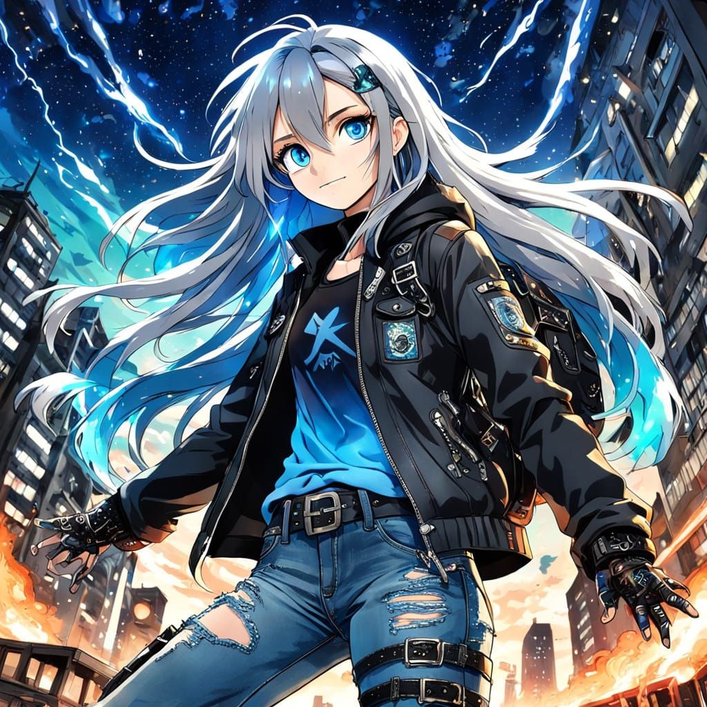 Electric Blue Goddess in Distressed Denim and Combat Boots