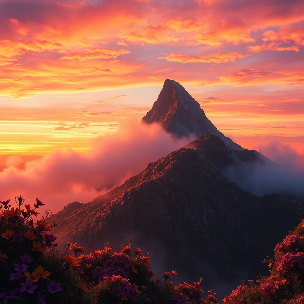 Mountain Peak Blooms at Sunset: Matte Painting