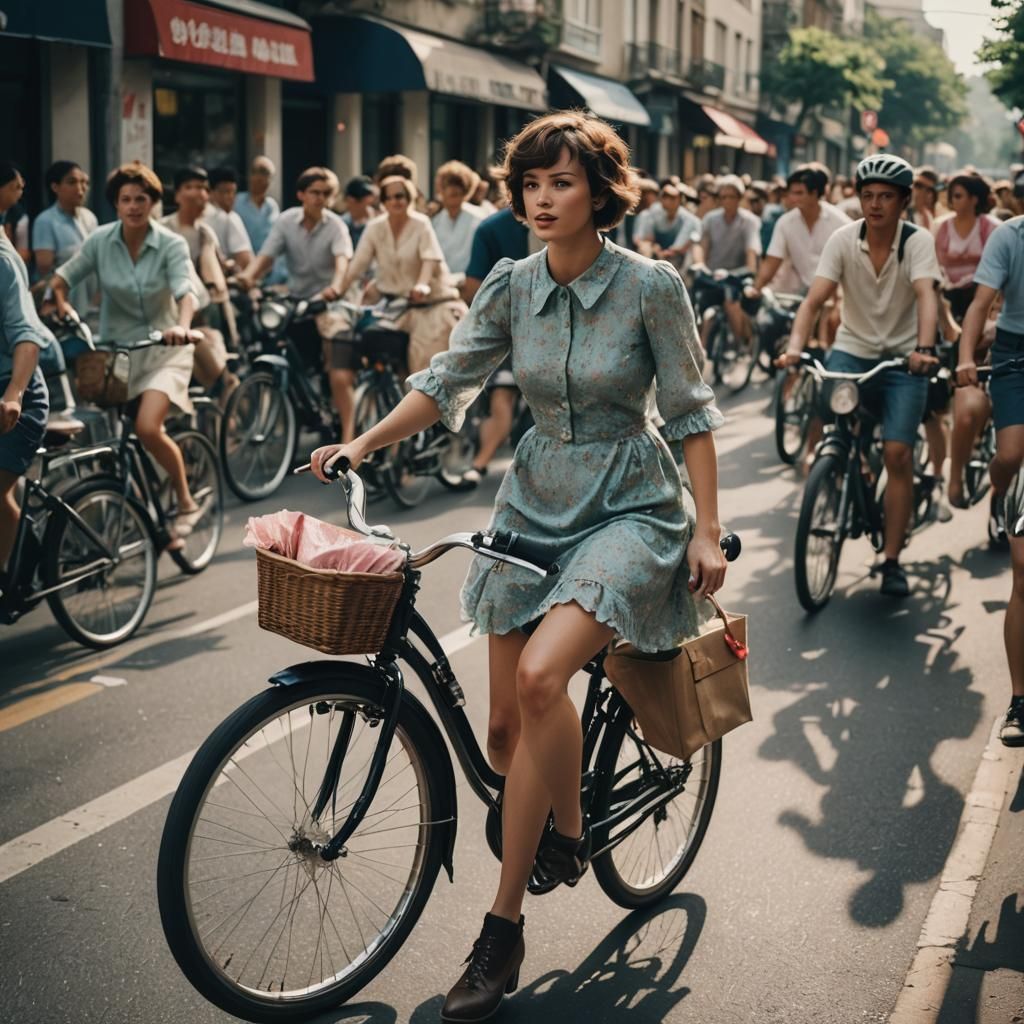 Girl on Bike in Crowded Street: Cinematic Still