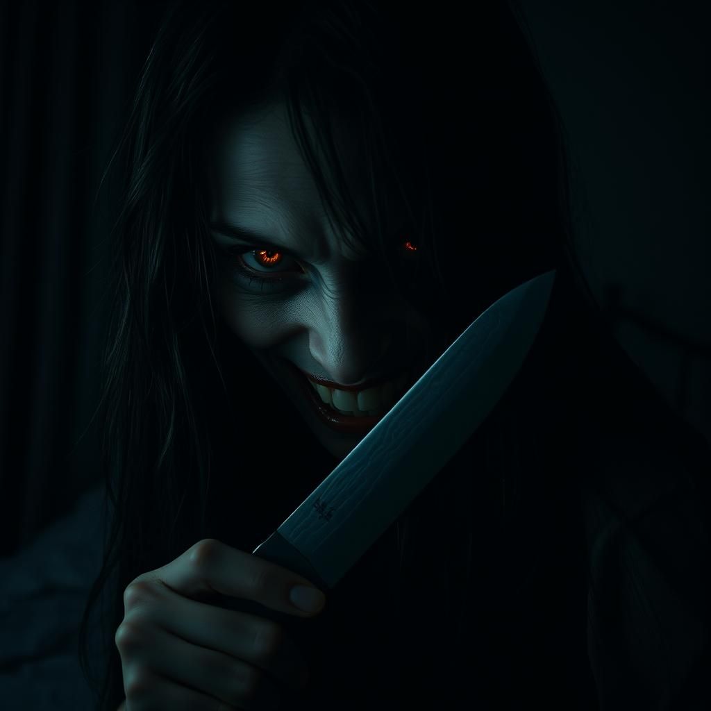 Terrifying Woman Portrait in Dark Bedroom Setting