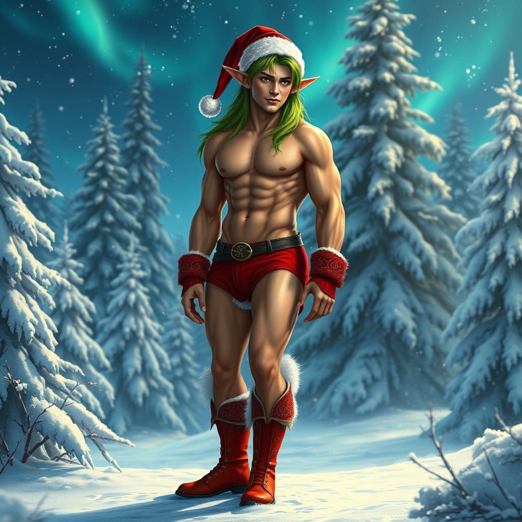 Vibrant Green Elf in Winter Wonderland, in Fantasy Concept A...