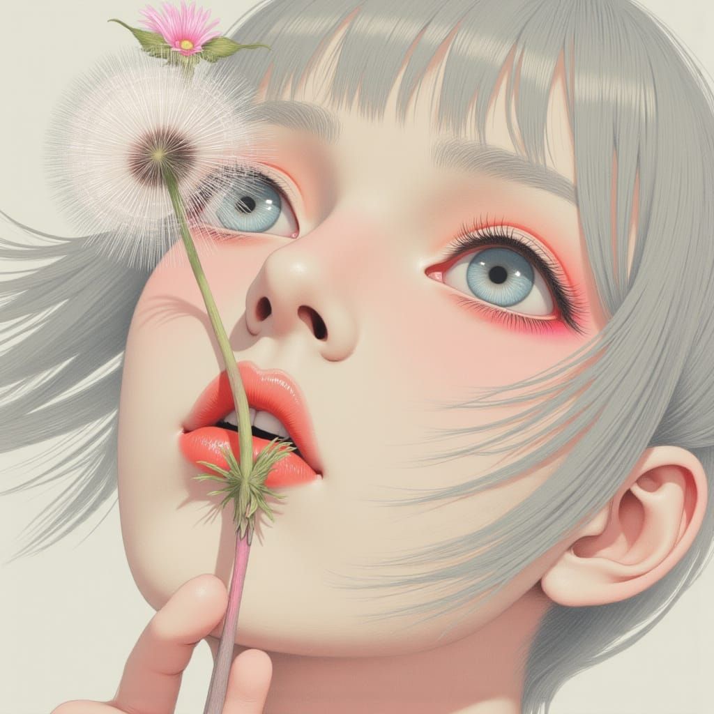 Japanese Woman with Dandelion in Anime Style