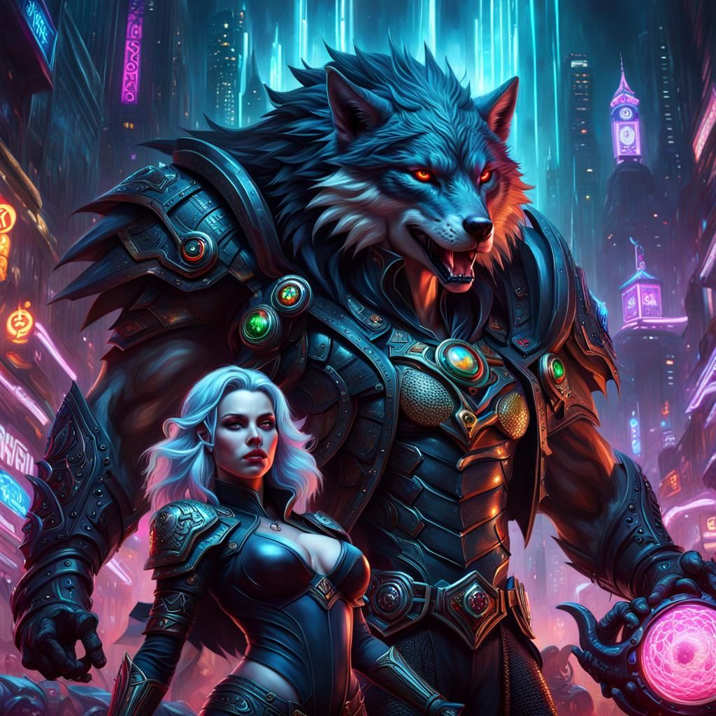 Cyberpunk Prince Battles Wolf in Fantasy World
