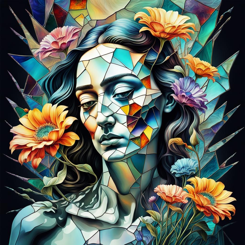 Psychedelic Shattered Face with Flowers