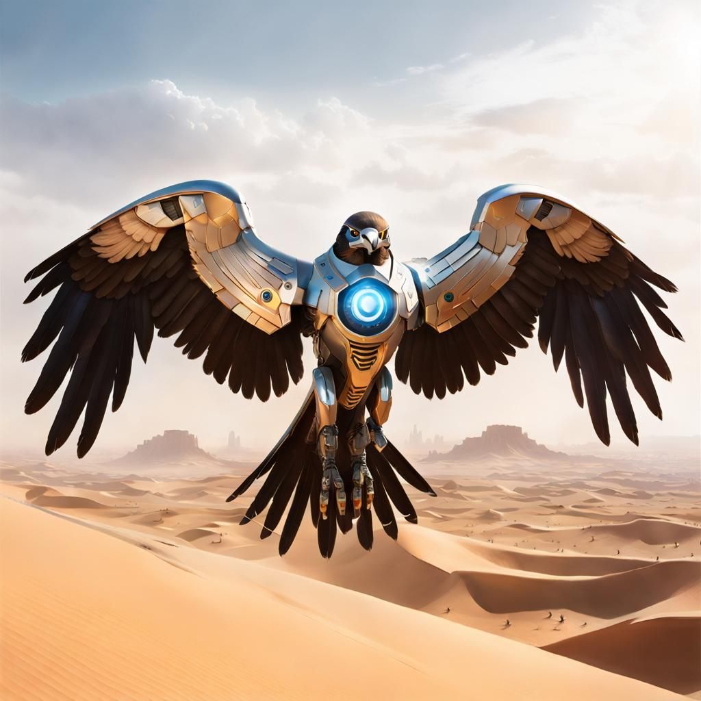 Cyborg Falcon Soaring Above Desert City
