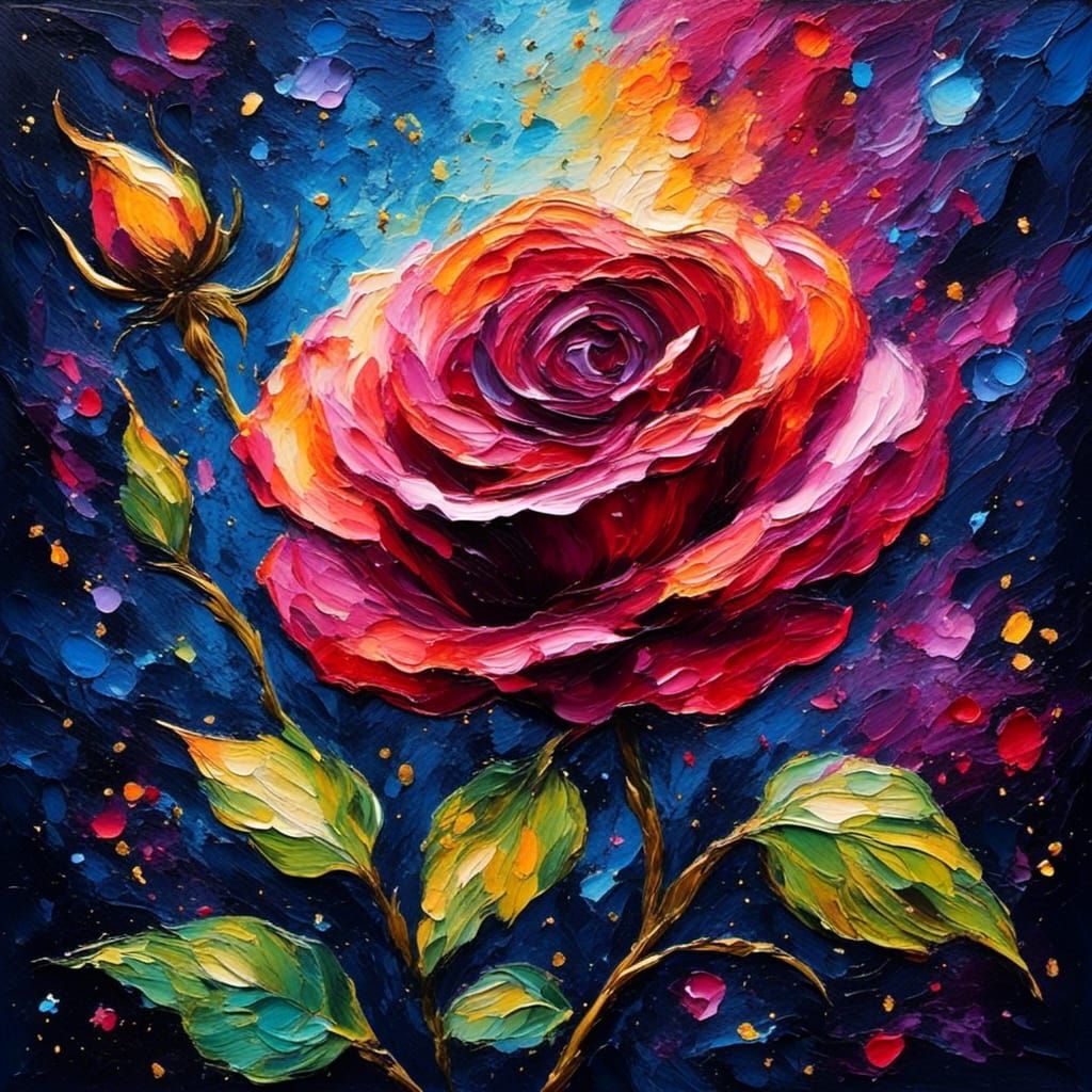 Dark Rose Impasto Painting on Starry Night