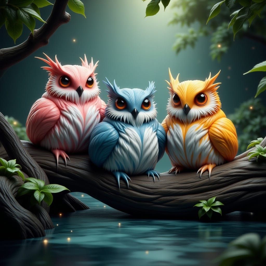 Pastel Owls in Emerald Forest, Storybook Illustration