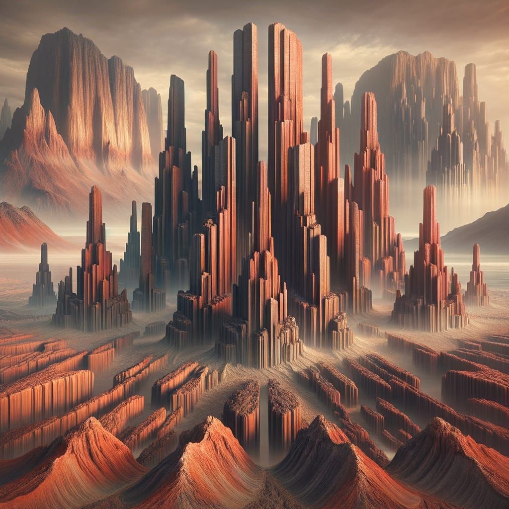 Majestic Red Sandstone Spires and Volcanoes in Surreal Scene