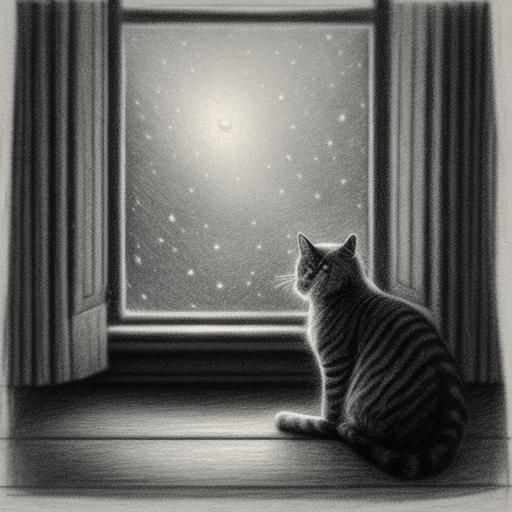 Cozy Cat Watching Snowfall: Charcoal Drawing