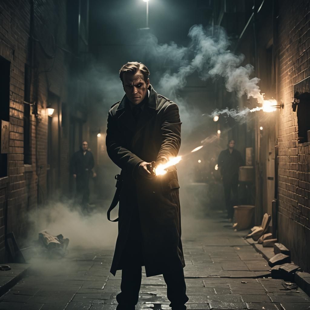 Bullseye Aims in a Dark Alleyway: Cinematic Still