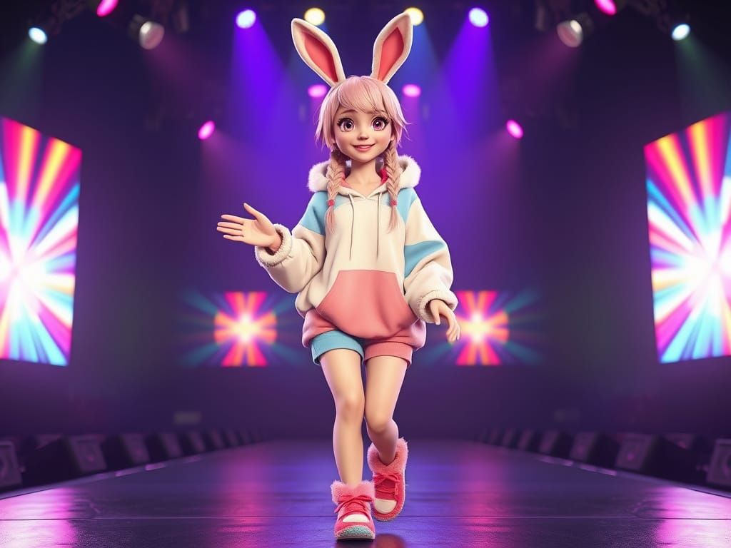 Pink-Haired Woman on Stage in 3D Digital Art